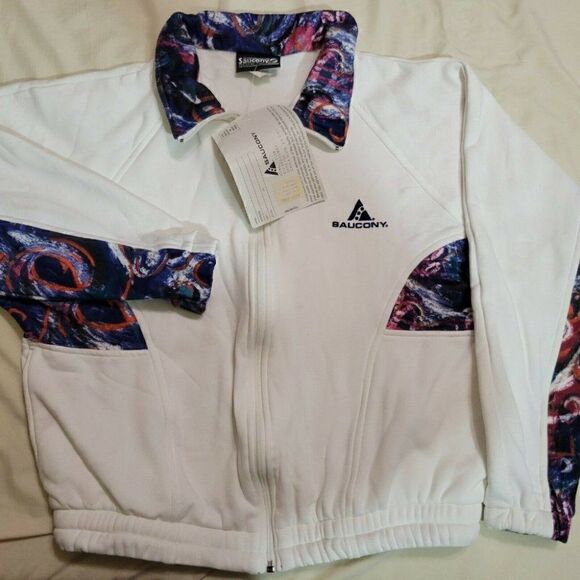 VINTAGE SAUCONY WHITE FLEECE JACKET L 90'S RETRO - Picture 1 of 5